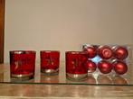 3 photophores rouge/argent + 6 bougies rondes rouge nacré, Zo goed als nieuw, Rood, Zilver