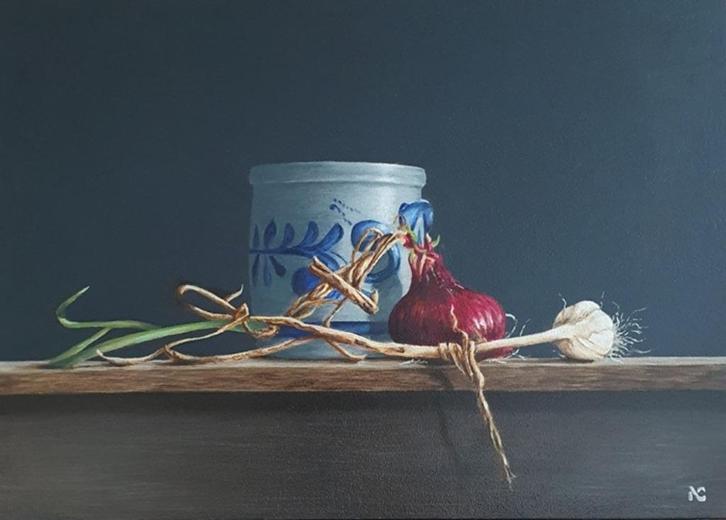 Kunsthandel Gennep - "Keulse Pot Met Rode Ui En Knoflook", Antiek en Kunst, Kunst | Schilderijen | Modern, Ophalen of Verzenden