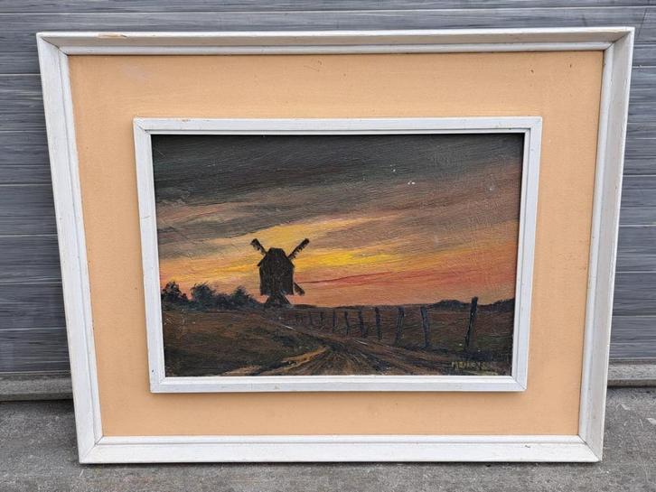 Huile sur panneau paysage au moulin signe willy meurisse, Antiek en Kunst, Kunst | Schilderijen | Klassiek, Ophalen of Verzenden