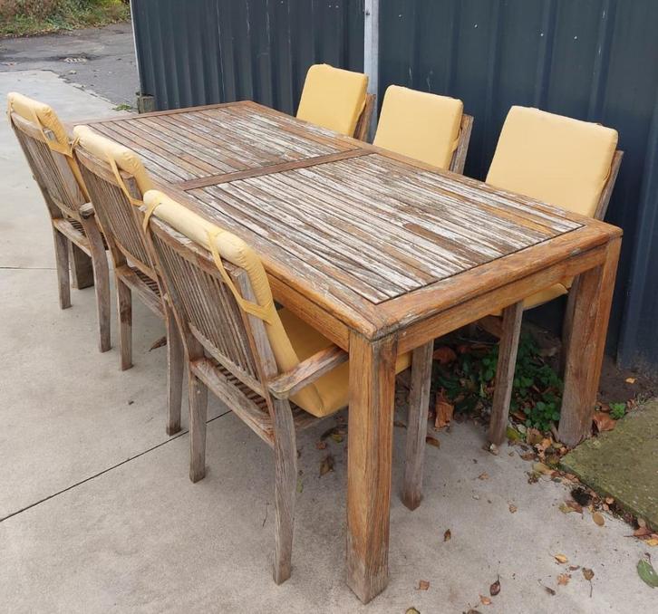 Teak tuinset 6 personen., Tuin en Terras, Tuinsets en Loungesets, Gebruikt, Tuinset, Teakhout, 6 zitplaatsen, Ophalen