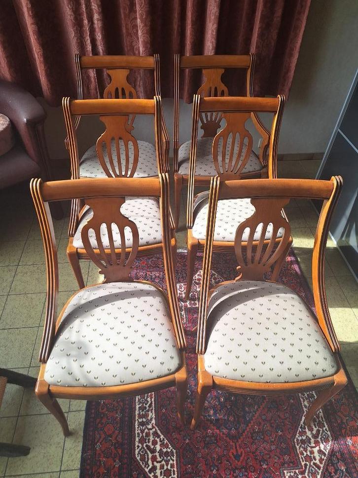6 stoelen in kerselaar., Huis en Inrichting, Stoelen, Zo goed als nieuw, Vijf, Zes of meer stoelen, Hout, Stof, Bruin, Ophalen