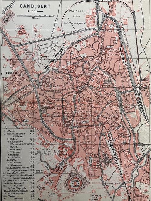 1885 plattegrond Gent - Gand in Belgie O U D in lijst, Boeken, Atlassen en Landkaarten, Gelezen, Landkaart, België, 1800 tot 2000