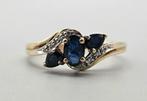 Gouden Vintage ring met blauwe saffier en diamant. 2025/118, Blauw, 19 tot 20, Ophalen of Verzenden, Zo goed als nieuw