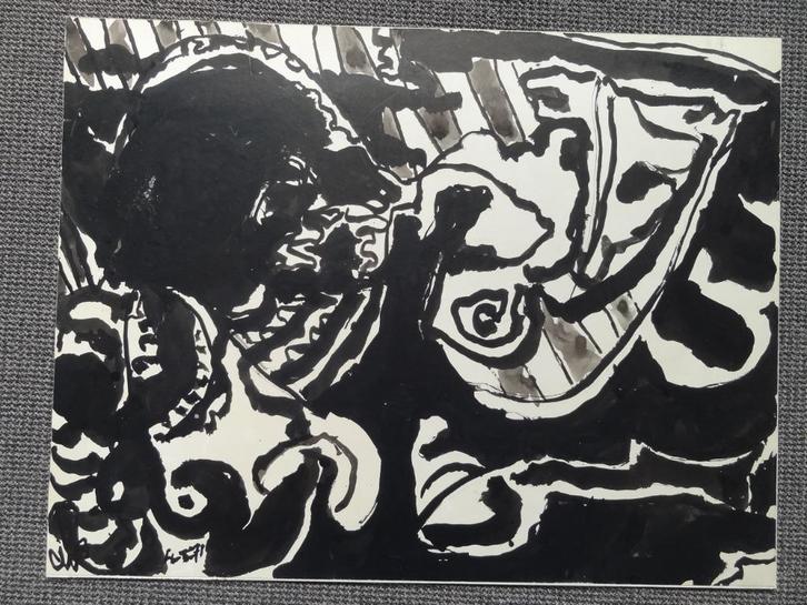 werk op papier, inkt, 50 x 65 cm, stijl Alechinsky, Antiek en Kunst, Kunst | Schilderijen | Abstract, Verzenden