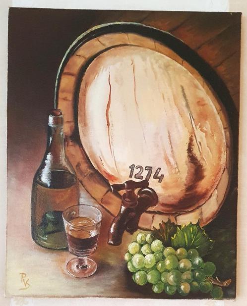 Olieverf schilderij wijn vat fles druiven, Verzamelen, Wijnen, Nieuw, Overige typen, Ophalen of Verzenden