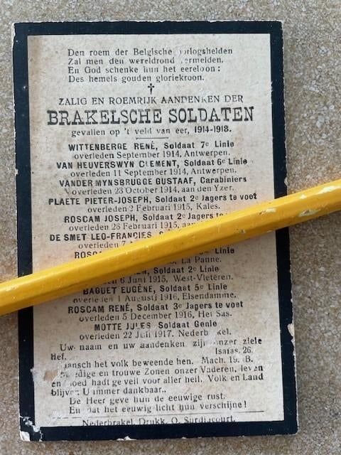 Gedachtenis Gesneuvelde BRAKELSE SOLDATEN 1914-18, Verzamelen, Bidprentjes en Rouwkaarten, Bidprentje, Ophalen of Verzenden
