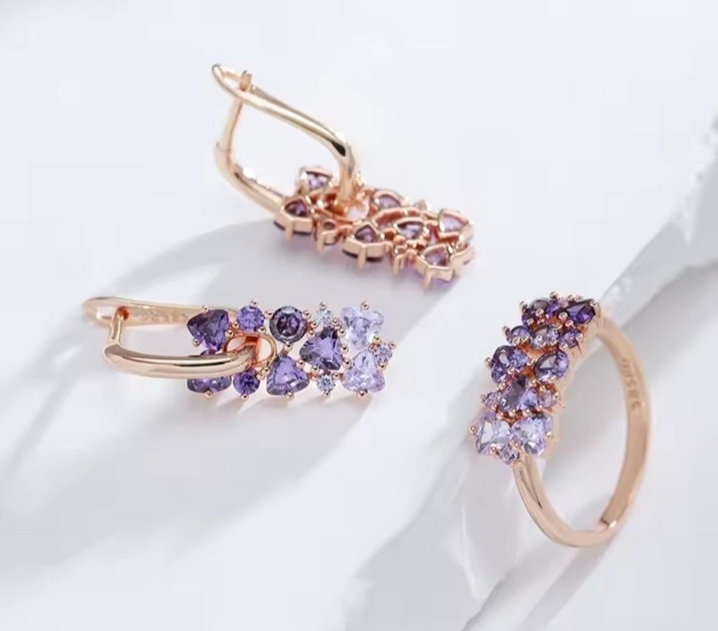 Ens 3 pièces,  bijoux or 585 , pierres amethystes, Bijoux, Sacs & Beauté, Boucles d'oreilles, Enlèvement ou Envoi, Or, Or