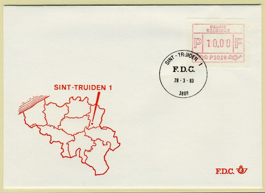 (B) ATM28 FDC Envelop 1983 - Sint-Truiden 1 (P3028), Met envelop, Ophalen of Verzenden, Gestempeld, 1e dag stempel