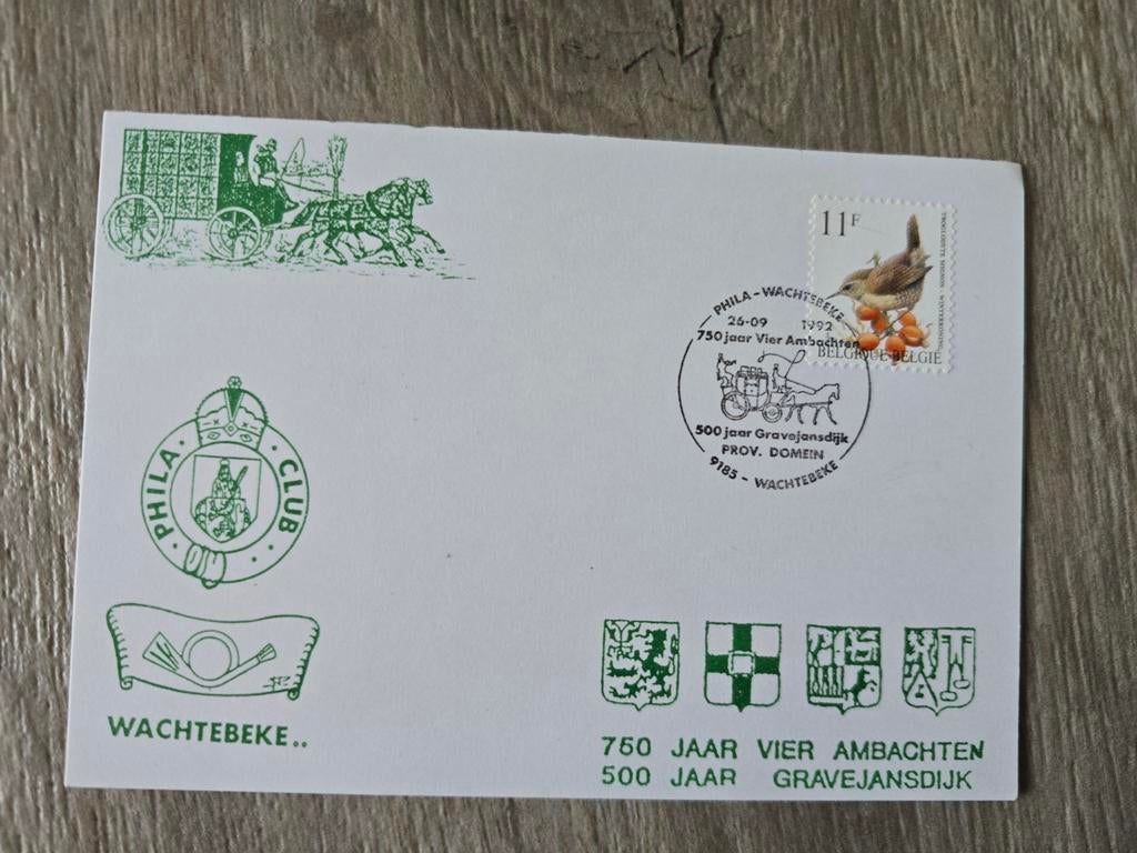 Prachtige herdenkingskaart  postzegelkring Wachtebeke 1992, Timbres & Monnaies, Timbres | Enveloppes premier jour, Enlèvement