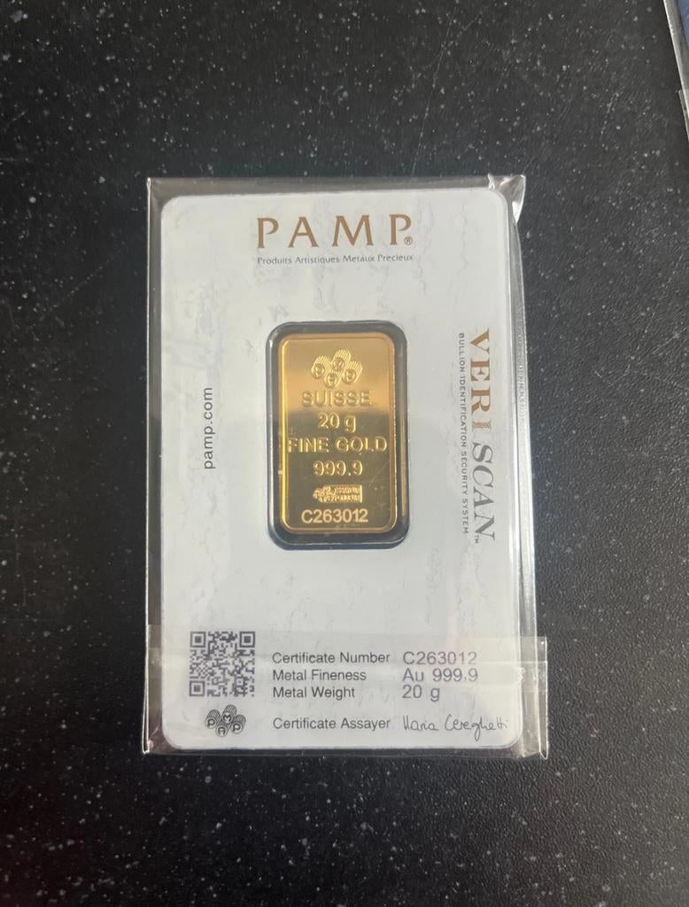 PAMP Goudbaar 20G 999,9% SUISSE Fine gold, Ophalen of Verzenden, Goud