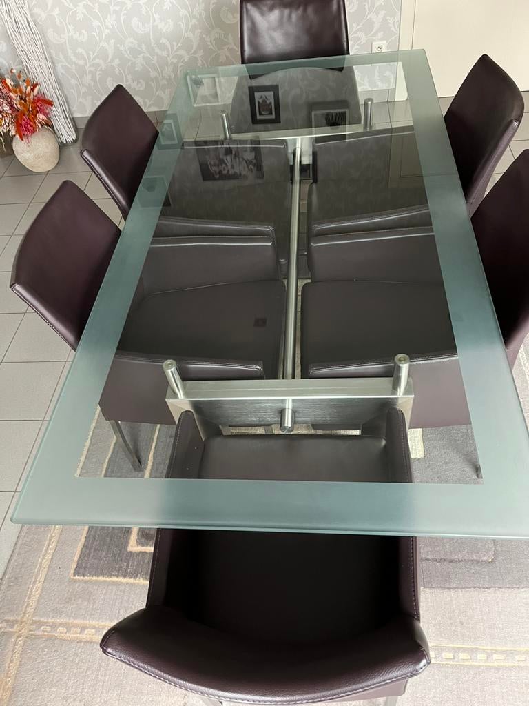 Glazen tafel met alu onderstel, Ophalen, Gebruikt, Modern