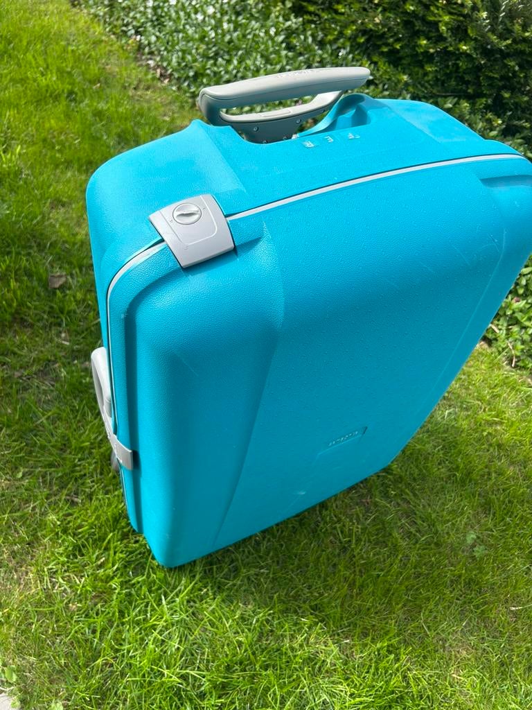 Blauwe reiskoffer samsonite, Gebruikt, Hard kunststof, 45 tot 55 cm, Wieltjes
