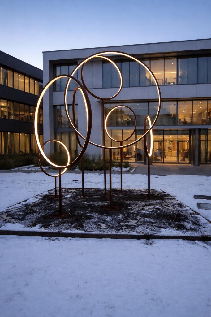 Een moderne, sculpturale lichtinstallatie van cortenstaal, Tuin en Terras, Tuinbeelden, Gebruikt, Abstract beeld, Metaal, Ophalen