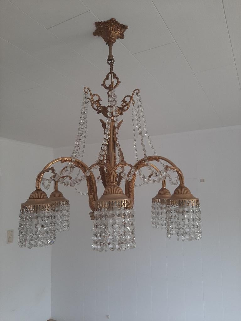 Kroonluchter  -  Brons  -  Kristal/Glas, Maison & Meubles, Lampes | Lustres, Comme neuf, Autres matériaux, Enlèvement