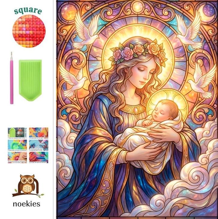 nr 66 Diamond painting moeder kind duiven 50x40cm (vierkant), Hobby en Vrije tijd, Knutselen, Nieuw, Knutselwerk, Ophalen of Verzenden