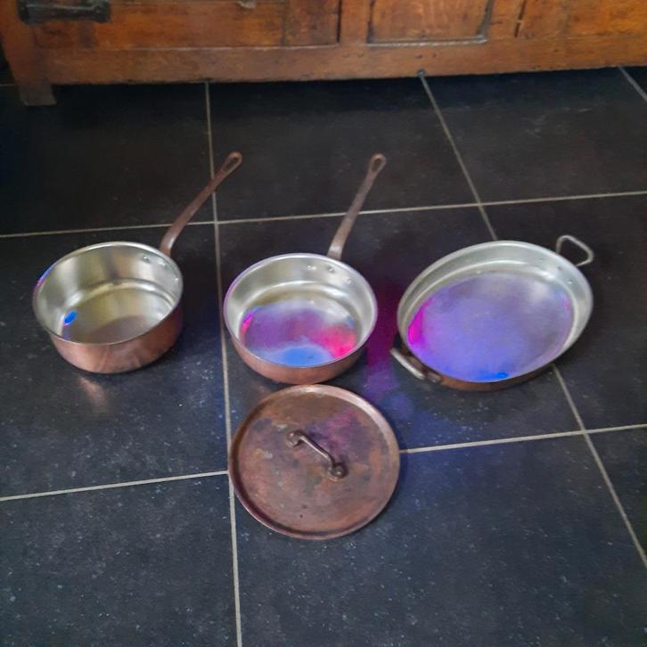 Koperen pannen ( lage pan , hogere pan en vispan ) ., Huis en Inrichting, Keuken | Potten en Pannen, Gebruikt, Pannenset, Overige materialen