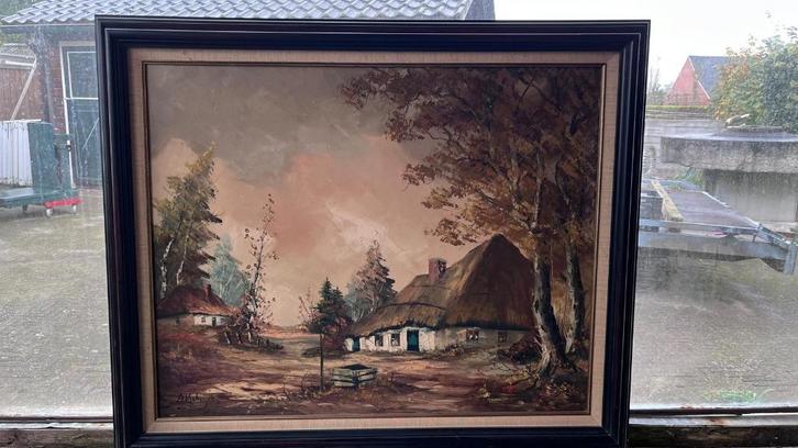 Landschapsschilderij met oude boerderij en bos 80x100, Antiek en Kunst, Kunst | Schilderijen | Klassiek, Ophalen