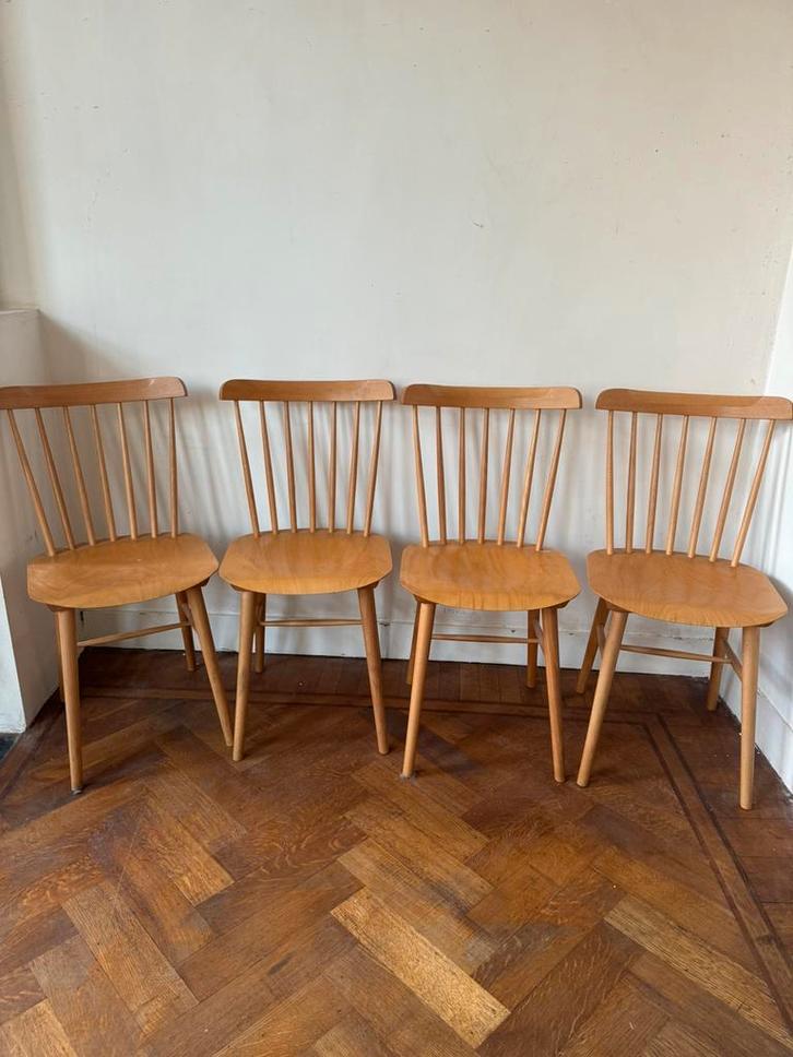 4 jaren 60 stoelen, Huis en Inrichting, Stoelen, Gebruikt, Vier, Hout, Bruin, Ophalen