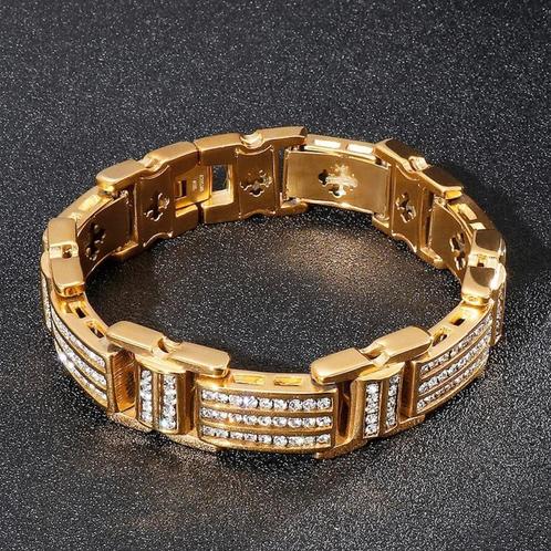 Mooie armband ingelegd met zirkonia's, Bijoux, Sacs & Beauté, Bracelets, Neuf, Acier, Or, Avec cristal, Envoi