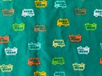 Groen katoentje met kleurige print van bussen, 120 cm of meer, Ophalen of Verzenden, Zo goed als nieuw, Katoen
