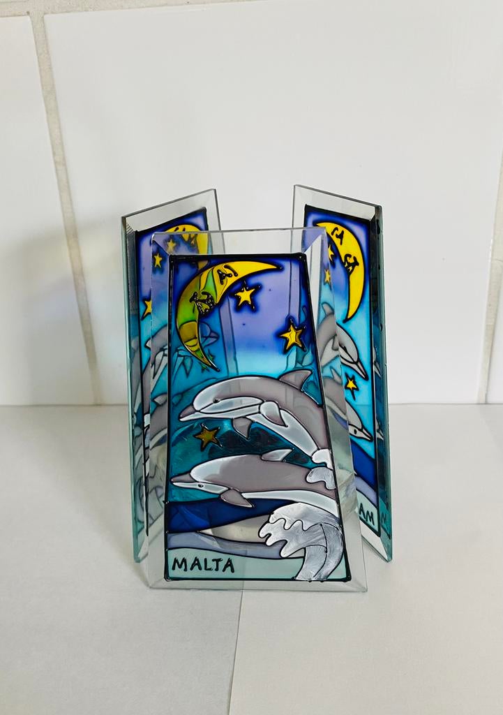 Bougeoir / porte-bougie en verre peint à motif dauphin, Enlèvement ou Envoi, Comme neuf, Bleu, Chandelier