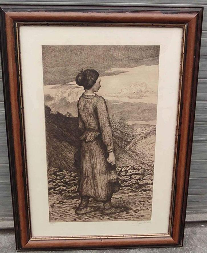 Gravure hiercheuse signe Victor dieu, Antiek en Kunst, Kunst | Etsen en Gravures, Ophalen of Verzenden