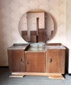 Vintage kaptafel in Art Deco stijl met grote ronde spiegel, Ophalen, Gebruikt, 100 tot 150 cm, 150 tot 200 cm