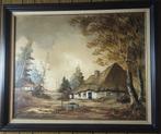 Oud schilderij met boerderij en landschap, Ophalen of Verzenden