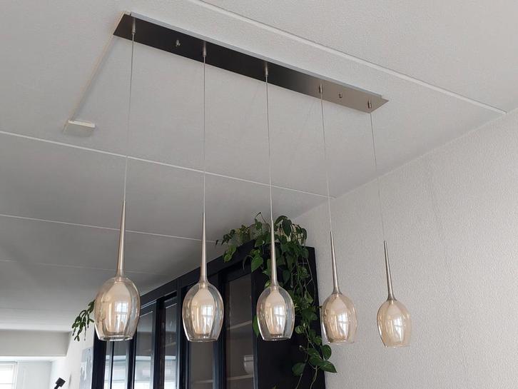 Hele mooie hanglamp. 5 dubbele glazen kelken met rvs., Huis en Inrichting, Lampen | Hanglampen, Zo goed als nieuw, Glas, Ophalen of Verzenden