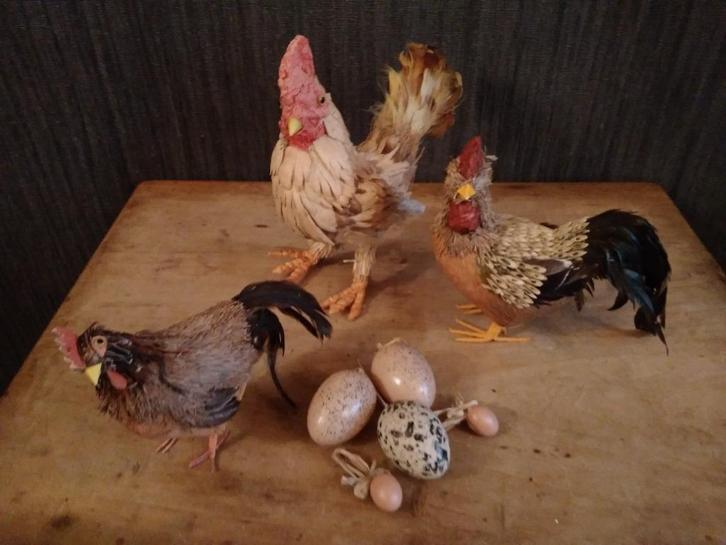 Coqs de décoration vintage en bois/roseaux avec de vraies pl, Antiquités & Art, Curiosités & Brocante, Envoi