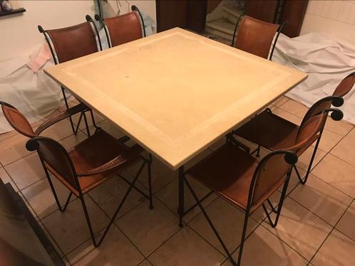 Vierkante eettafel in natuursteen met 6 lederen stoelen, Huis en Inrichting, Tafels | Eettafels, Gebruikt, 100 tot 150 cm, 100 tot 150 cm