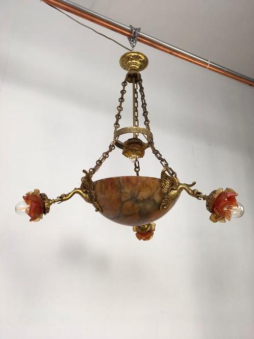Antieke hanglamp albast met 4 glazen kelken, Huis en Inrichting, Lampen | Hanglampen, Gebruikt, 50 tot 75 cm, Overige materialen