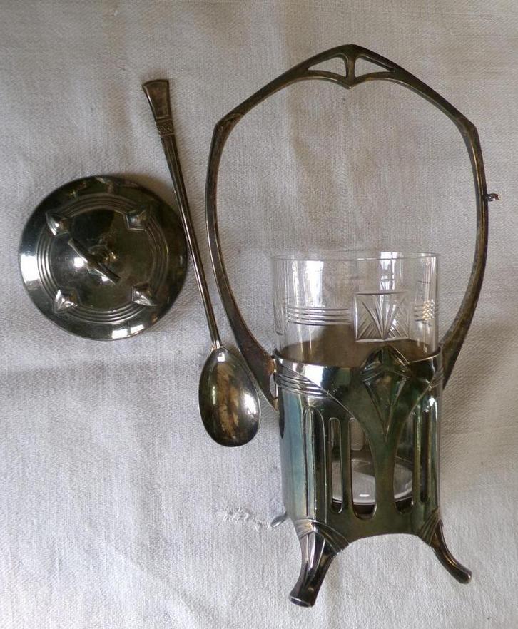 WMF  verzilverde  augurk- of pickles- of jampot met lepel, Antiek en Kunst, Antiek | Zilver en Goud, Ophalen of Verzenden