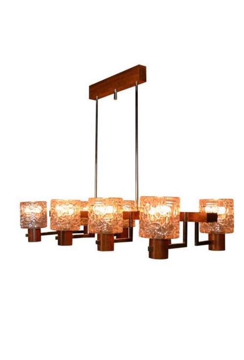 Scandinavische vintage hanglamp eettafel - 1960s, Huis en Inrichting, Lampen | Hanglampen, Gebruikt, 50 tot 75 cm, Glas, Hout