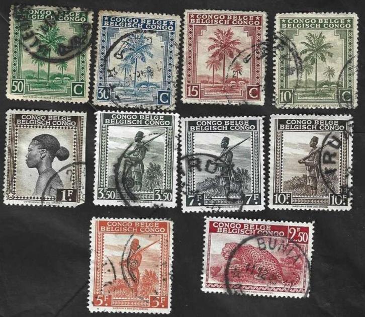 10 Postzegels Belgisch Congo1942 Palmbomen voorrang Fr, Postzegels en Munten, Postzegels | Thematische zegels, Gestempeld, Dier of Natuur