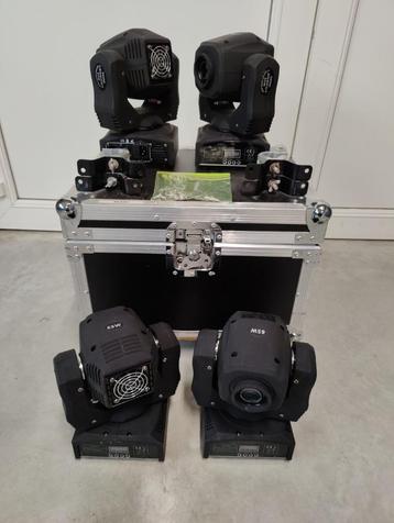 4 Mini LED Moving Heads 65W (Beams) + beugels in Flightcase