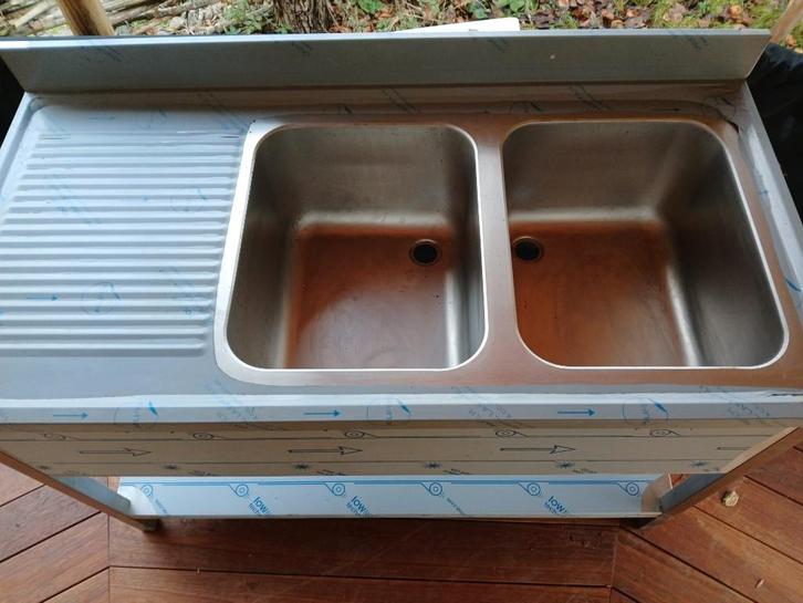 Inox dubbele spoeltafel + professionele horecakraan, Huis en Inrichting, Keuken | Keukenelementen, Nieuw, Minder dan 100 cm, 100 tot 150 cm