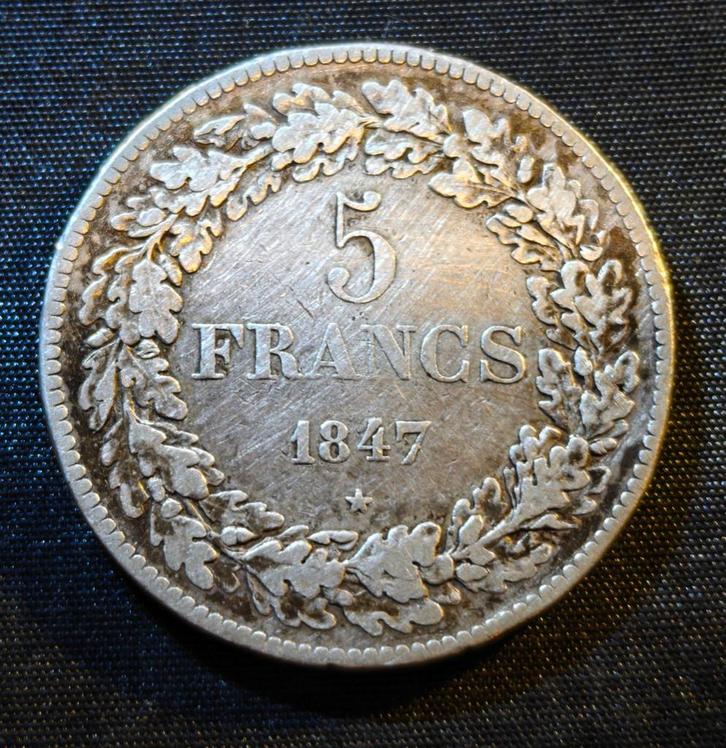 5 francs 1847 - Léopold I, Timbres & Monnaies, Monnaies | Belgique, Monnaie en vrac, Argent, Argent, Envoi