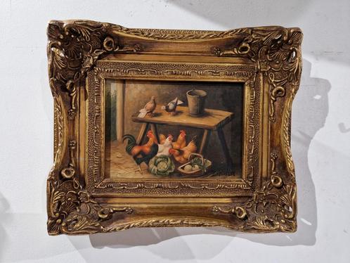 Gesigneerd schilderij boerderij kippen duiven  mooie kader, Antiek en Kunst, Kunst | Schilderijen | Klassiek, Ophalen of Verzenden