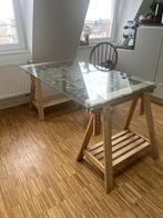 Tafel/bureau, verstelbare schragen, glazen blad, Huis en Inrichting, Bureaus, Ophalen, In hoogte verstelbaar, Zo goed als nieuw