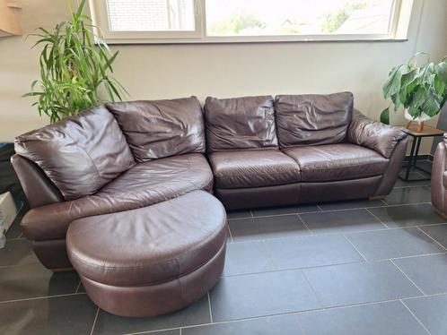 Sofa - zetel - bruin - leder - leer, Huis en Inrichting, Zetels | Zetels, Gebruikt, Hoekbank, Vierpersoons of meer, 250 tot 300 cm