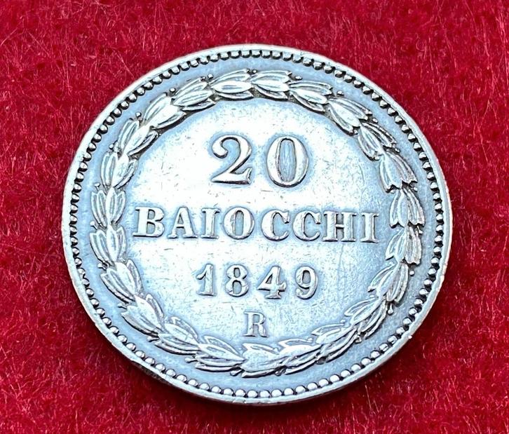 Rare Ancienne Pièce de 20 Baiocchi de 1849 R en Argent, Antiquités & Art, Antiquités | Argent & Or, Argent, Enlèvement ou Envoi
