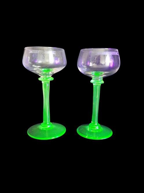 Uranium of annagroen portglazen Art deco, 2 stuks, Amer Font, Antiek en Kunst, Antiek | Glaswerk en Kristal, Ophalen of Verzenden