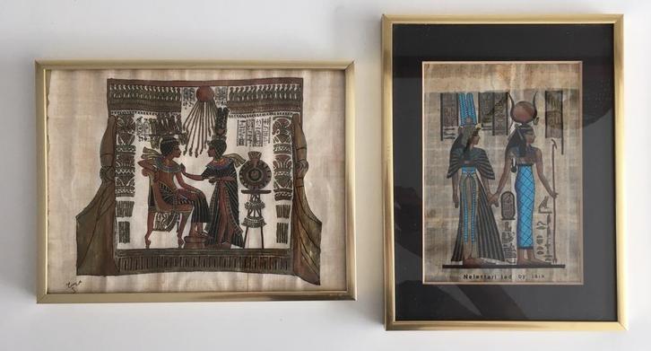 2 kadertjes met Egyptisch tafereel op papyrus, Antiek en Kunst, Kunst | Tekeningen en Fotografie, Ophalen of Verzenden