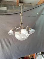 bronzen hanglamp met 3 lichtarmen en glazen wasbak, Antiek en Kunst, Ophalen, Brons