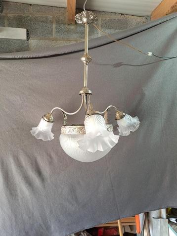 bronzen hanglamp met 3 lichtarmen en glazen wasbak beschikbaar voor biedingen