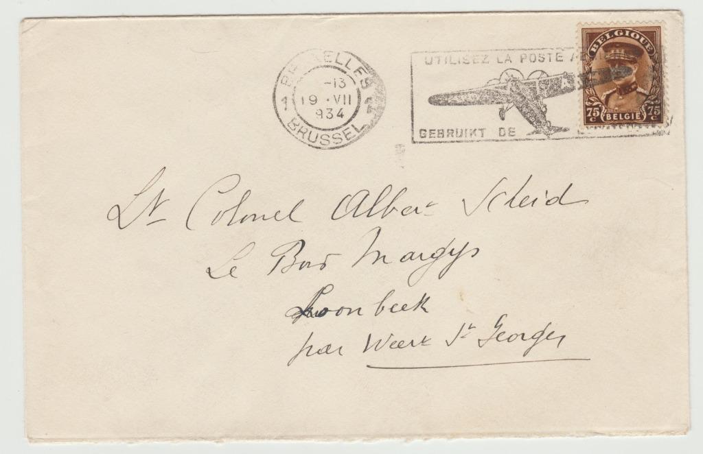 België 1934 Vlagstempel 'gebruik de luchtpost' - vliegtuig, Verzenden, Envelop
