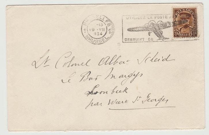 België 1934 Vlagstempel 'gebruik de luchtpost' - vliegtuig, Postzegels en Munten, Brieven en Enveloppen | België, Envelop, Verzenden