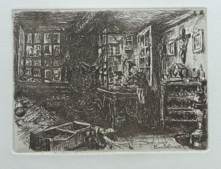 Henri De Braekeleer, etsje, interieur, 10 x 13 cm, Antiek en Kunst, Kunst | Etsen en Gravures, Ophalen of Verzenden
