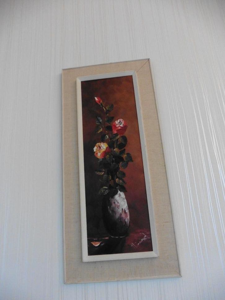 Ingelijst en gesigneerd schilderij, vaas met rozen, vintage, Antiek en Kunst, Kunst | Schilderijen | Klassiek, Ophalen